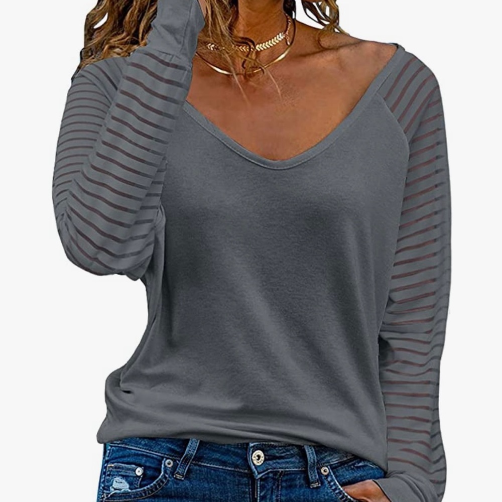 Women’s V Neck with Mesh Long Sleeve Shirt